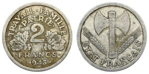 FRANCE 2 francs 1943 / Vichy regime WWII issue / VF-