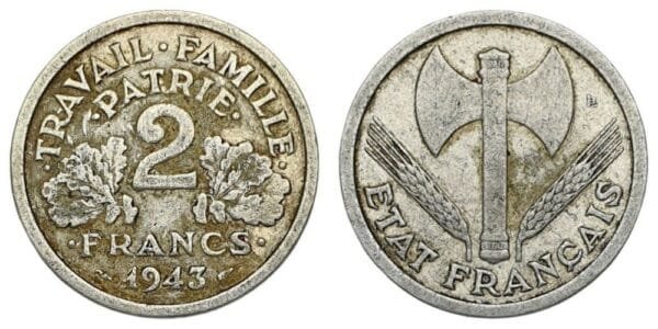FRANCE 2 francs 1943 / Vichy regime WWII issue / VF-