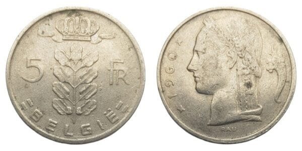 BELGIUM 5 francs 1960 / Dutch text / VF