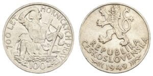 CZECHOSLOVAKIA 100 korun 1949 / 700th Anniversary of Jihlava Mining Privileges / Silver / XF
