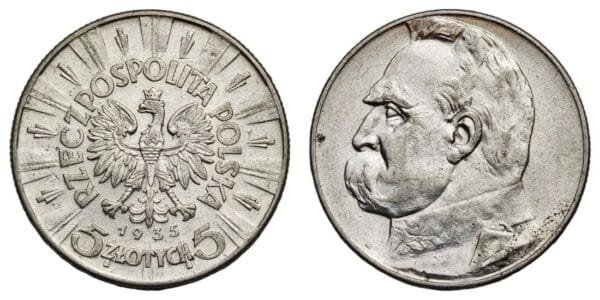 POLAND 5 zlotych 1935 / Jozef Pilsudski / Silver / XF