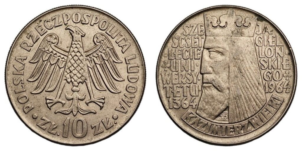POLAND 10 zlotych 1964 / 600th Anniversary of the Jagiellonian University / raised text / UNC