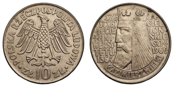 POLAND 10 zlotych 1964 / 600th Anniversary of the Jagiellonian University / raised text / UNC