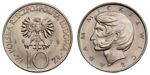 POLAND 10 zlotych 1975 / Adam Mickiewicz / UNC