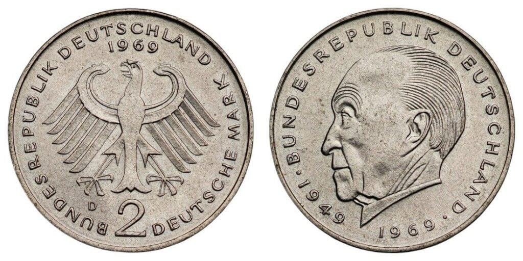 GERMANY 2 mark 1969D / Konrad Adenauer / UNC-