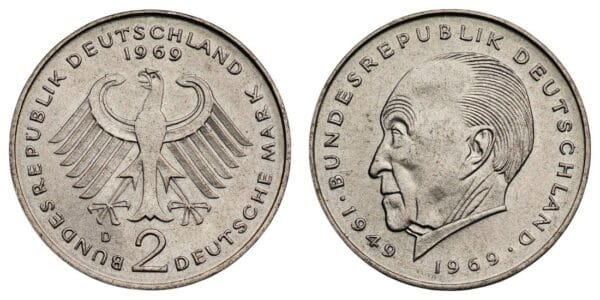 GERMANY 2 mark 1969D / Konrad Adenauer / UNC-