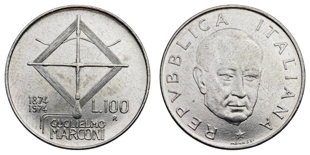 ITALY 100 lire 1974 / 100th Anniversary of the Birth of Guglielmo Marconi / XF