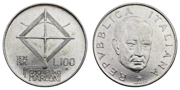 ITALY 100 lire 1974 / 100th Anniversary of the Birth of Guglielmo Marconi / XF