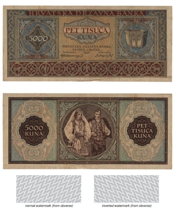 CROATIA 5000 kuna 1943 / Letter prefix: U / inverted watermark / WWII Ustasa Germany Italy ally / VF