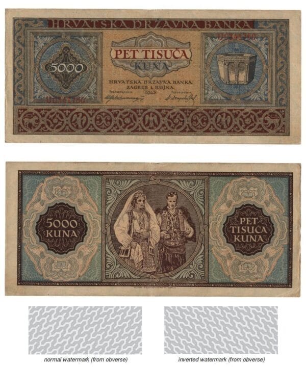 CROATIA 5000 kuna 1943 / Letter prefix: U / inverted watermark / WWII Ustasa Germany Italy ally / VF