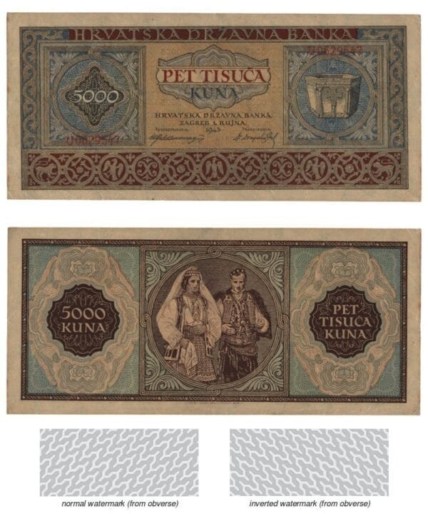 CROATIA 5000 kuna 1943 / Letter prefix: U / inverted watermark / WWII Ustasa Germany Italy ally / VF