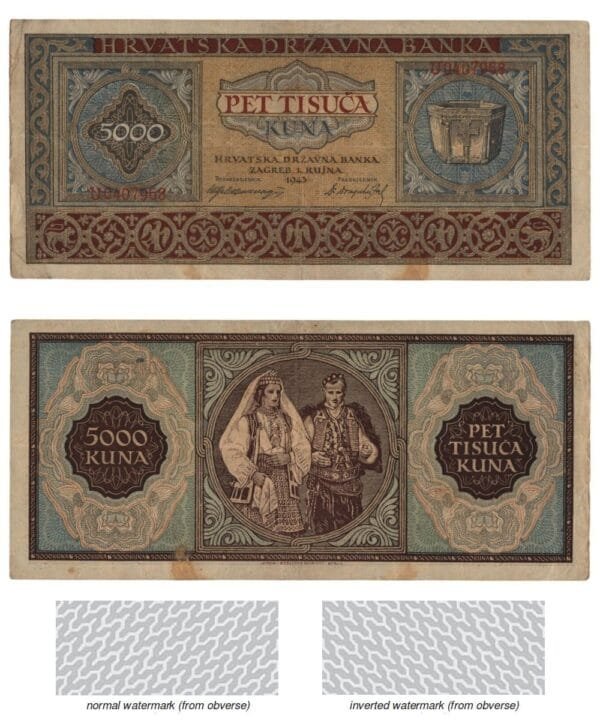 CROATIA 5000 kuna 1943 / Letter prefix: U / inverted watermark / WWII Ustasa Germany Italy ally / VF-