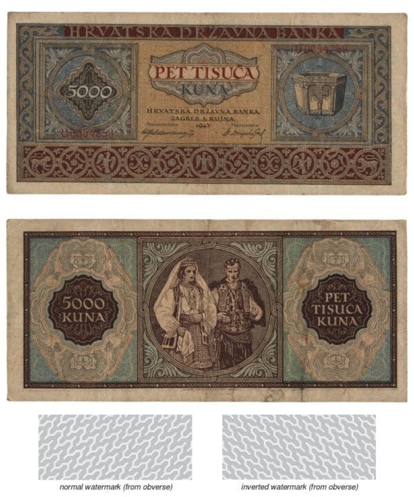 CROATIA 5000 kuna 1943 / Letter prefix: U / inverted watermark / WWII Ustasa Germany Italy ally / VF-