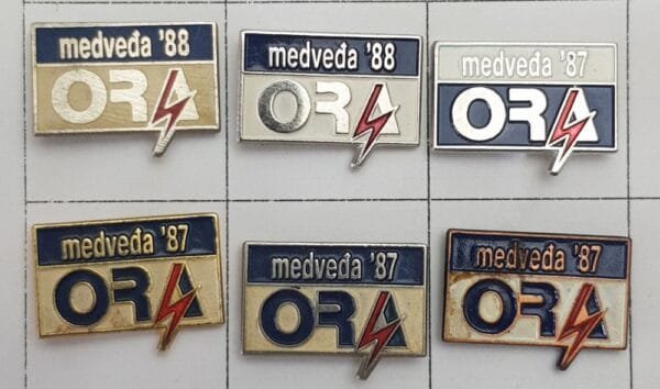 YUGOSLAVIA Serbia / Communist Youth Labour Action / ORA Medveđa / lapel pins lot / 6 pcs.