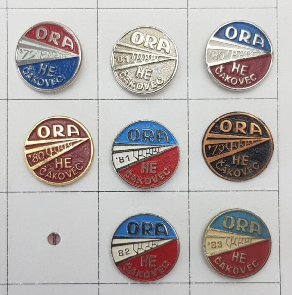 YUGOSLAVIA Croatia / Communist Youth Labour Action / ORA Čakovec Hydroelectric Power Plant / lapel pins lot / 8 pcs.