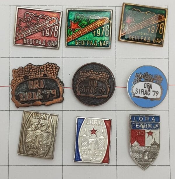 YUGOSLAVIA Communist Youth Labour Action / ORA Beograd - Bar / ORA Sirač / ORA Petrinja / lapel pins lot / 9 pcs.