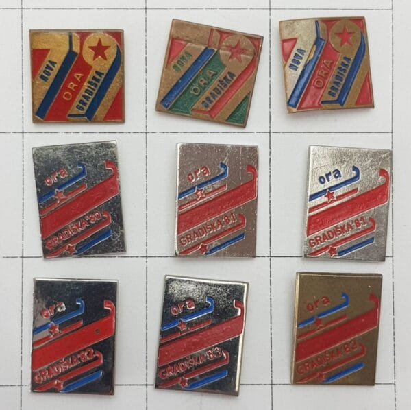 YUGOSLAVIA Croatia / Communist Youth Labour Action / ORA Nova Gradiška / lapel pins lot / 9 pcs.