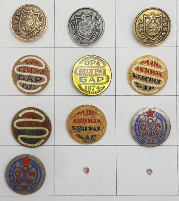 YUGOSLAVIA Communist Youth Labour Action / ORA Beograd - Bar Railroad / ORA Šabac / ORA Palanka / lapel pins lot / 10 pcs.