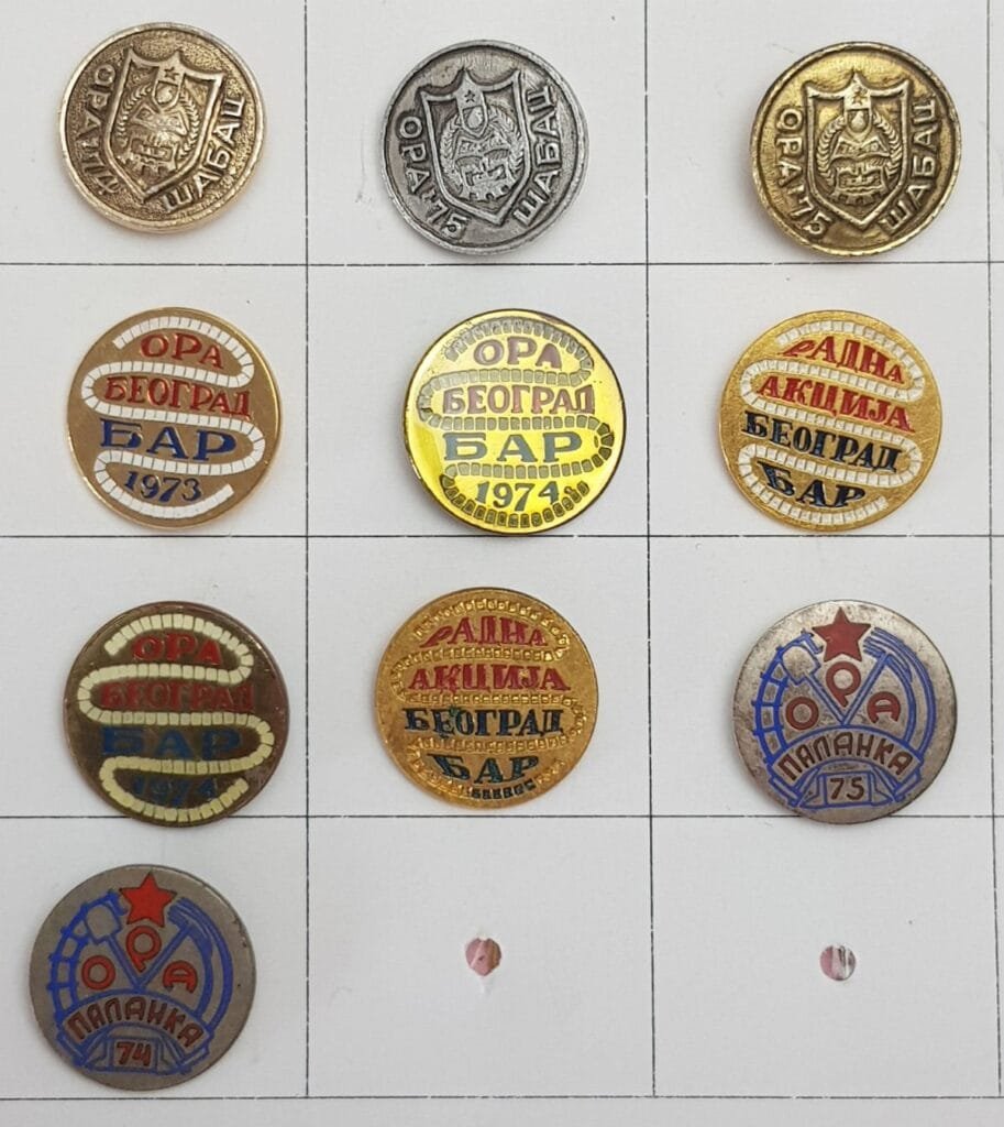 JUGOSLAVIJA Komunistička omladinska radna akcija / ORA Beograd - Bar željeznica / ORA Šabac / ORA Palanka / značka značke set / 10 kom.