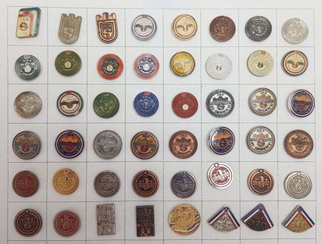 YUGOSLAVIA Serbia / Communist Youth Labour Action / ORA Smederevo / lapel pins lot / 48 pcs.