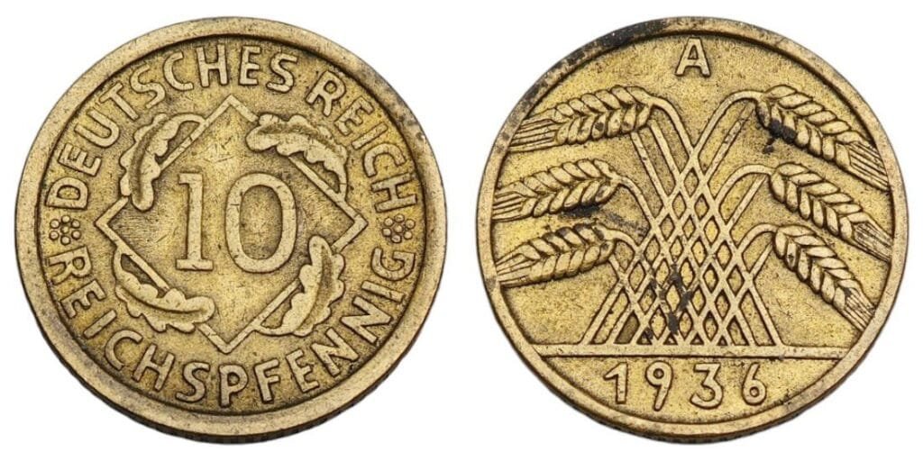 NJEMAČKA 10 rajhspfeninga 1936A / 3. Reich / VRLO DOBRO (VF)