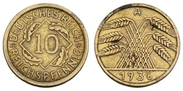 GERMANY 10 reichspfennig 1936A / 3rd Reich / VF