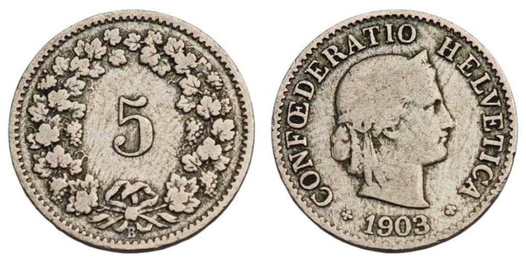 SWITZERLAND 5 rappen 1903 VF