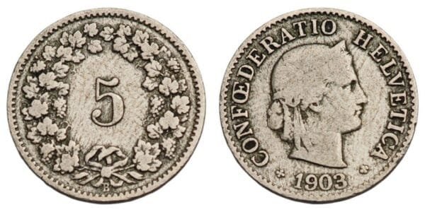 SWITZERLAND 5 rappen 1903 VF