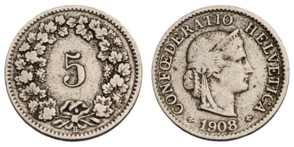 SWITZERLAND 5 rappen 1908 VF