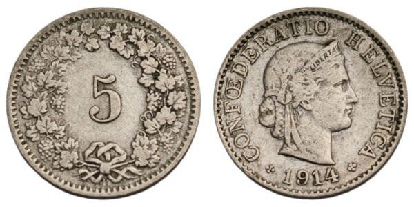 SWITZERLAND 5 rappen 1914 VF