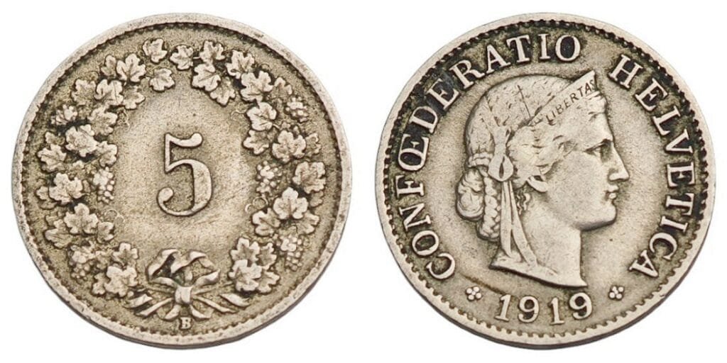 SWITZERLAND 5 rappen 1919 VF
