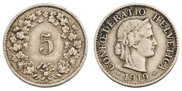 SWITZERLAND 5 rappen 1919 VF