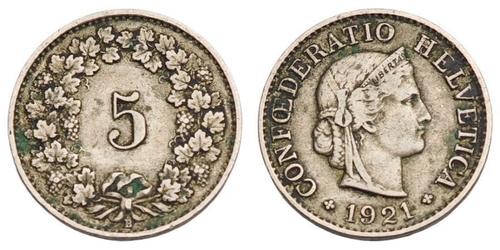 SWITZERLAND 5 rappen 1921 VF