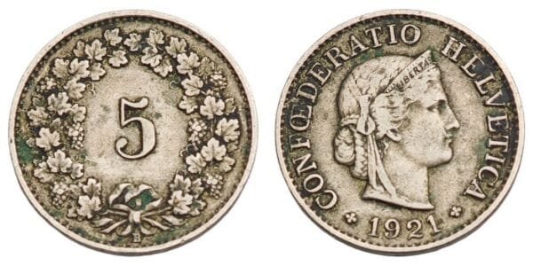 SWITZERLAND 5 rappen 1921 VF