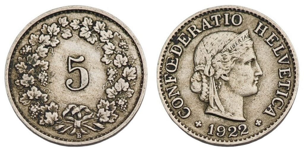 SWITZERLAND 5 rappen 1922 VF