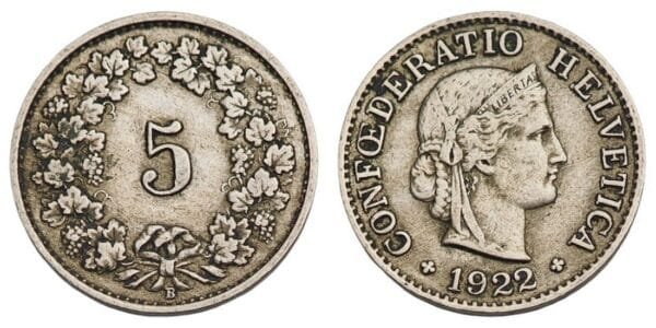 SWITZERLAND 5 rappen 1922 VF
