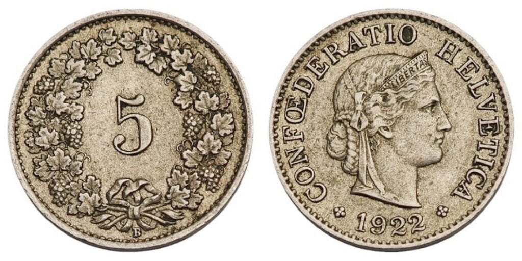 SWITZERLAND 5 rappen 1922 VF