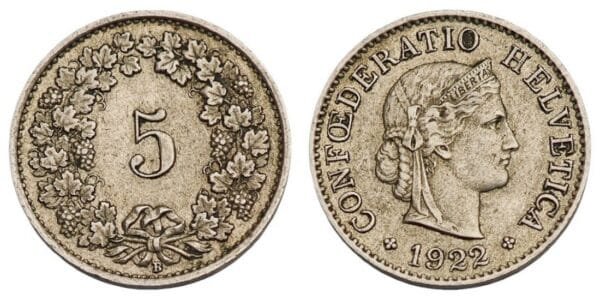 SWITZERLAND 5 rappen 1922 VF