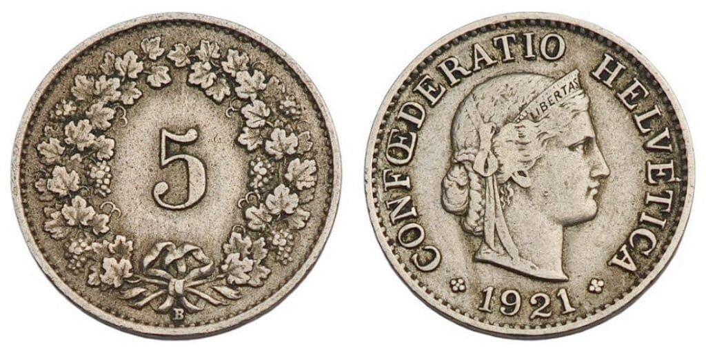 SWITZERLAND 5 rappen 1921 VF