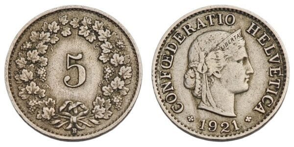 SWITZERLAND 5 rappen 1921 VF