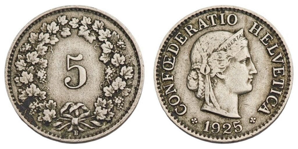 SWITZERLAND 5 rappen 1925 VF