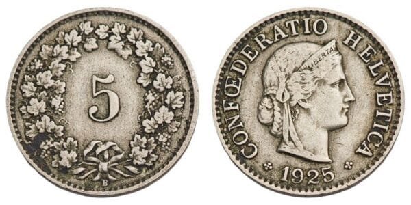 SWITZERLAND 5 rappen 1925 VF