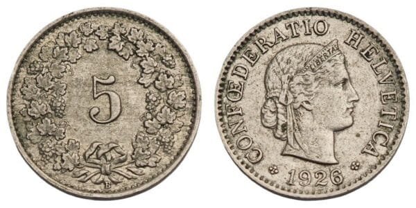 SWITZERLAND 5 rappen 1926 VF