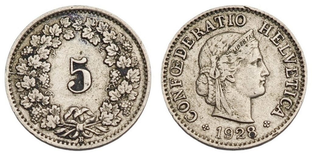 SWITZERLAND 5 rappen 1928 VF