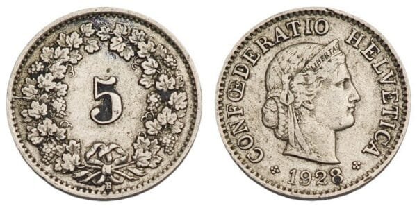 SWITZERLAND 5 rappen 1928 VF
