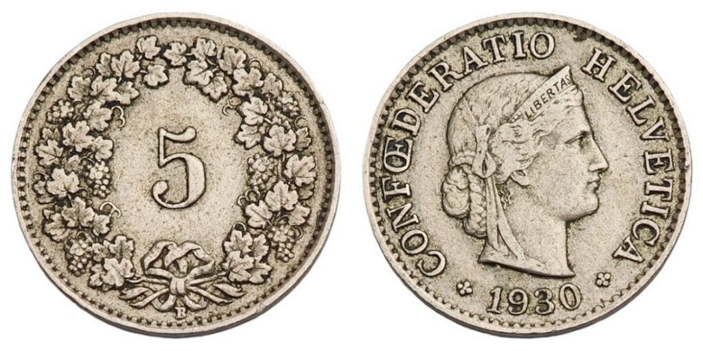 SWITZERLAND 5 rappen 1930 VF