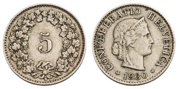 SWITZERLAND 5 rappen 1930 VF