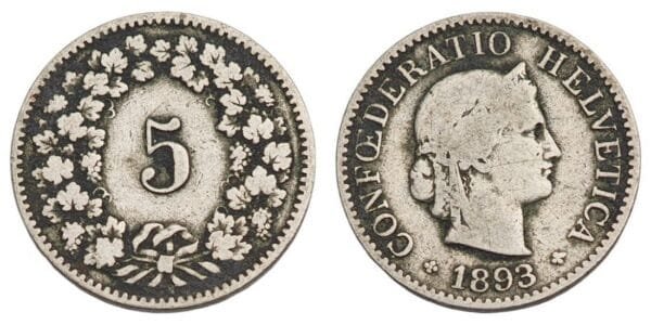 SWITZERLAND 5 rappen 1893 VF-