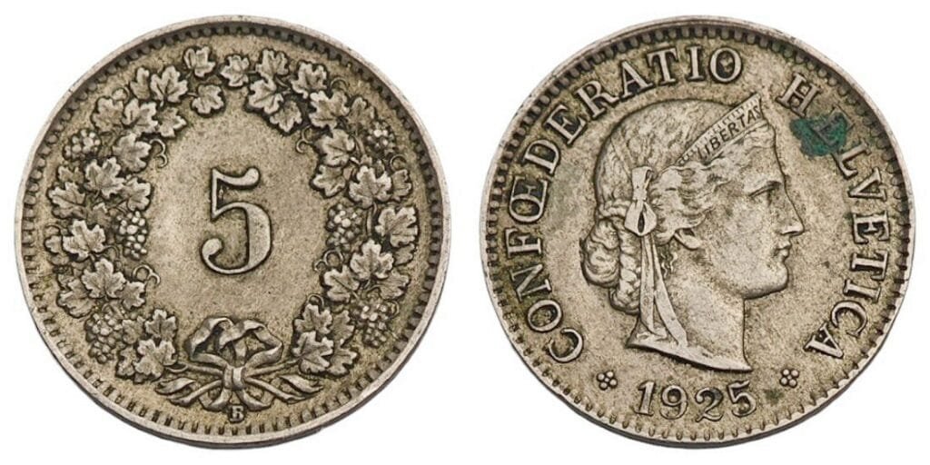 SWITZERLAND 5 rappen 1925 VF-