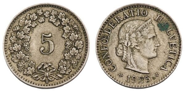 SWITZERLAND 5 rappen 1925 VF-
